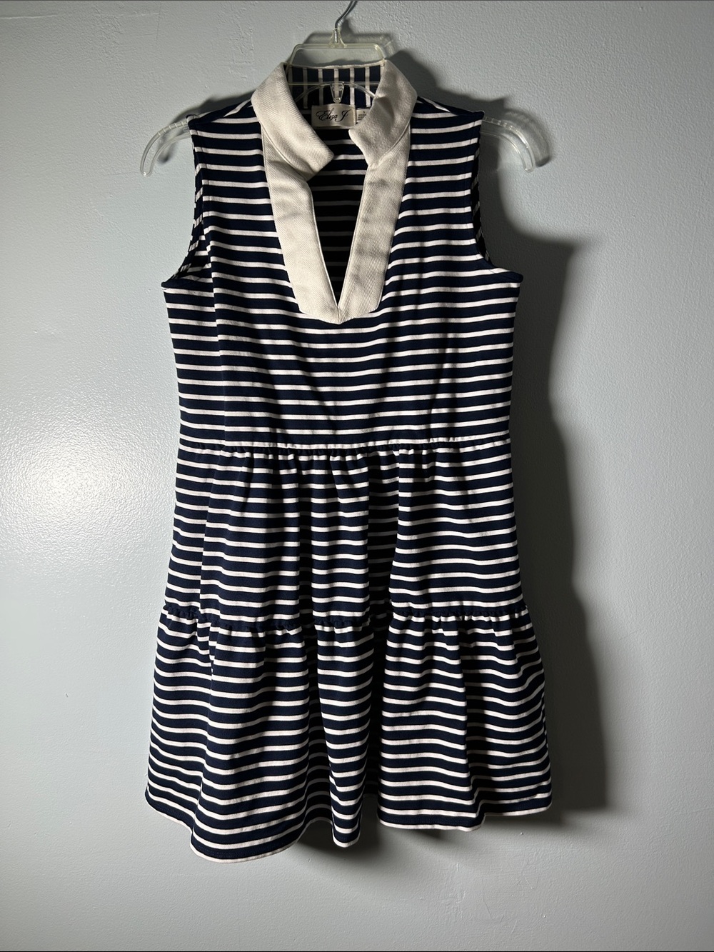 Eliza J Navy & White Striped Sleeveless Dress with Cream V-Neck